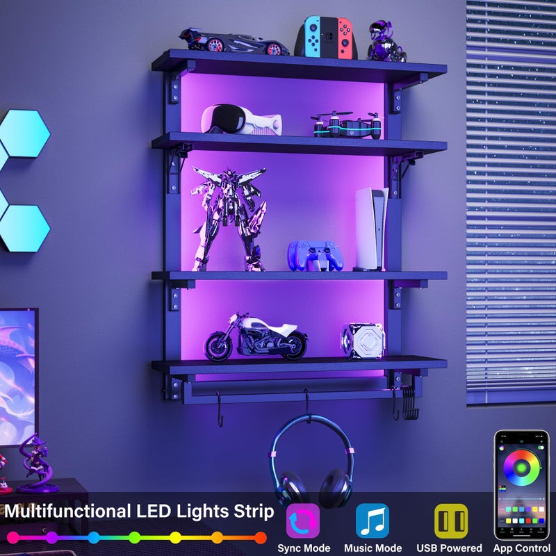 kepptory 24" Foldable Gaming Floating Shelves with LED Lights, 4 Tier Display Rack with Adjustable Shelf, Wall Mounted Shelf with Hanging Rod and 8 S-Hooks for Gaming Room, Black - Image 4