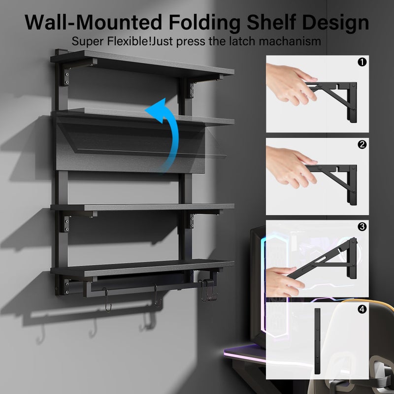 kepptory 24" Foldable Gaming Floating Shelves with LED Lights, 4 Tier Display Rack with Adjustable Shelf, Wall Mounted Shelf with Hanging Rod and 8 S-Hooks for Gaming Room, Black - Image 5