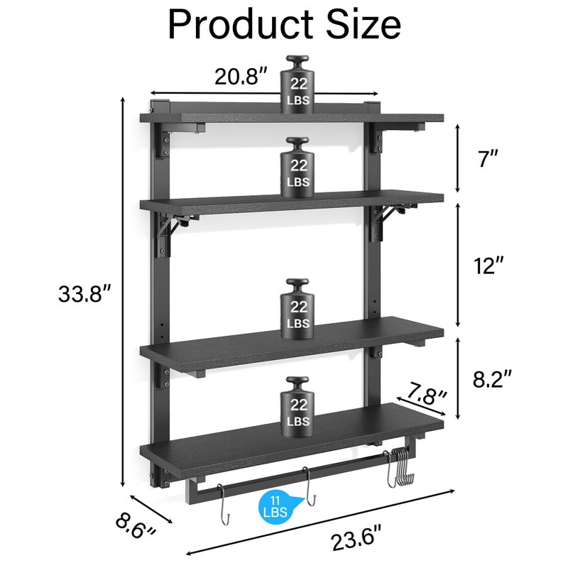 kepptory 24" Foldable Gaming Floating Shelves with LED Lights, 4 Tier Display Rack with Adjustable Shelf, Wall Mounted Shelf with Hanging Rod and 8 S-Hooks for Gaming Room, Black - Image 2