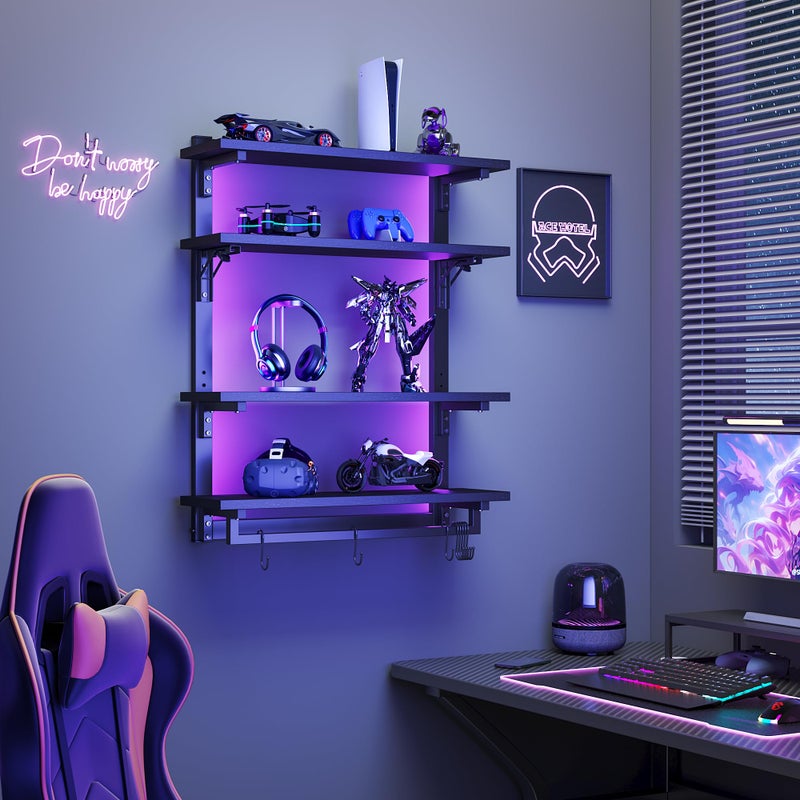 kepptory 24" Foldable Gaming Floating Shelves with LED Lights, 4 Tier Display Rack with Adjustable Shelf, Wall Mounted Shelf with Hanging Rod and 8 S-Hooks for Gaming Room, Black - Image 3