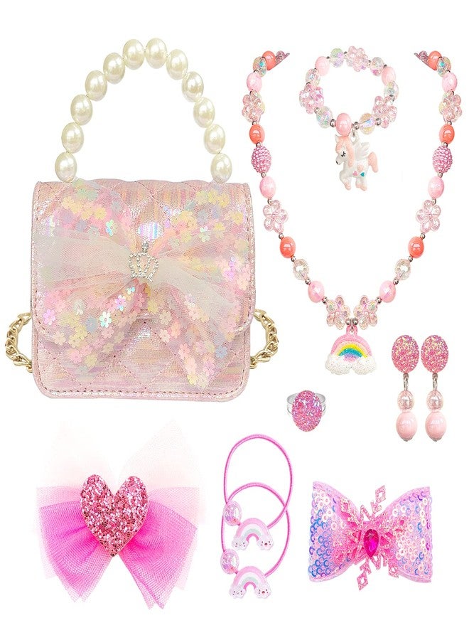 ELEMIRSA Girl Handbag Purse for Little Girls Kids Pretend Play Dress Up Necklace Hair Accessories Jewelry Set, Light Pink - Image 1