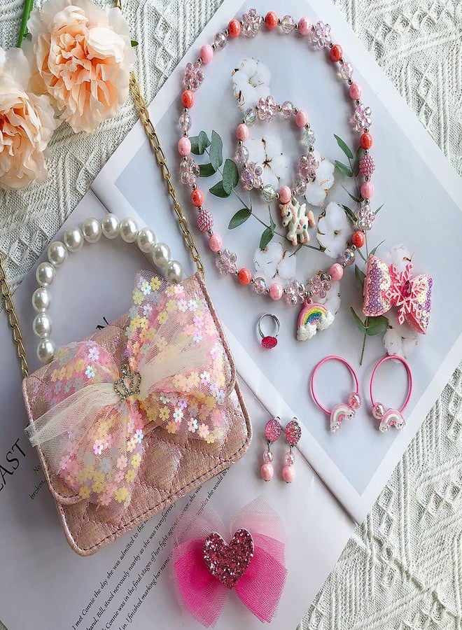 ELEMIRSA Girl Handbag Purse for Little Girls Kids Pretend Play Dress Up Necklace Hair Accessories Jewelry Set, Light Pink - Image 3