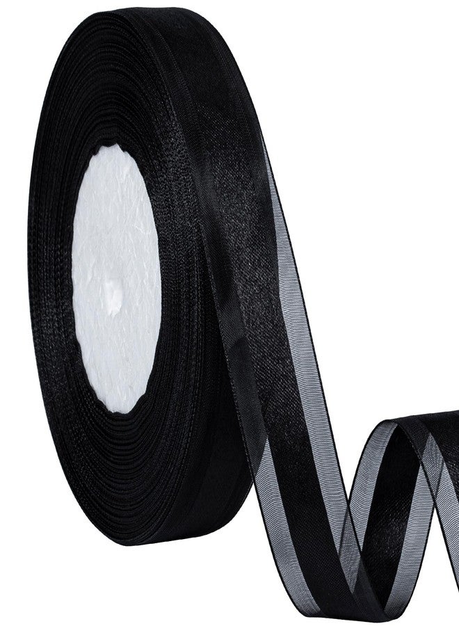 Zerofy Satin Ribbon with Organza Edge Ribbons 1 Inch for Gift Wrapping Bows Crafts Wedding Decorations (Black - Image 1