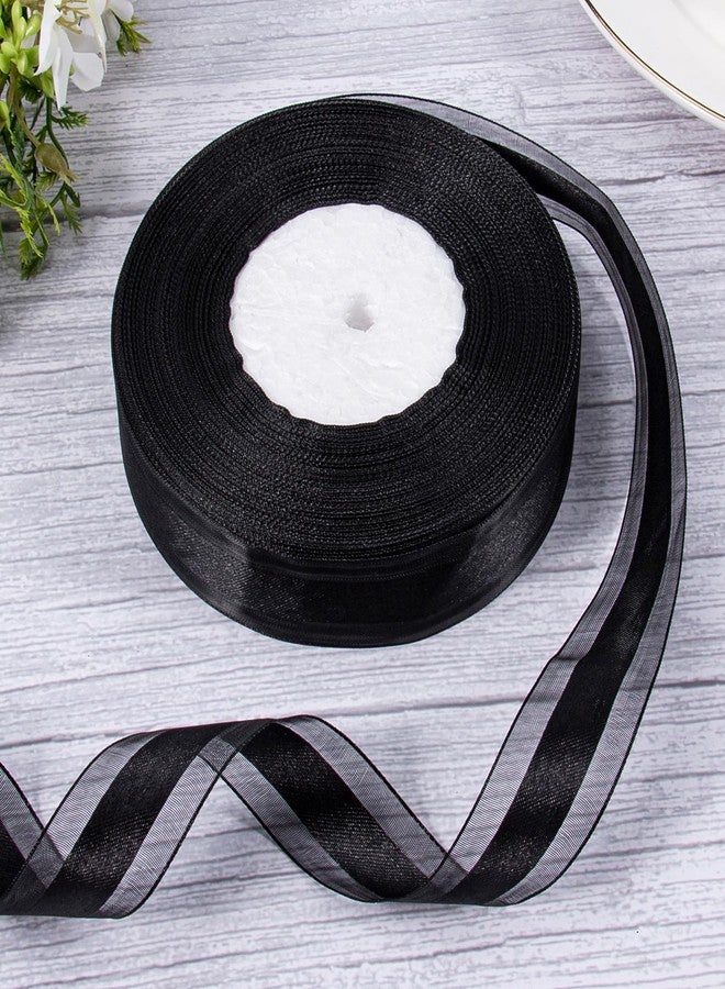 Zerofy Satin Ribbon with Organza Edge Ribbons 1 Inch for Gift Wrapping Bows Crafts Wedding Decorations (Black - Image 2