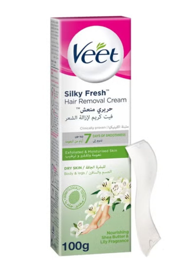 Veet Silky Fresh Hair Removal Cream Body & Legs for Dry Skin, Nourishing Shea Butter & Lily Fragrance – 100g - Image 1