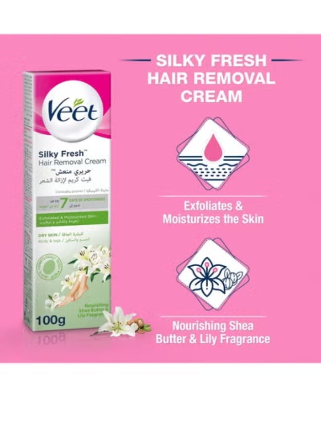 Veet Silky Fresh Hair Removal Cream Body & Legs for Dry Skin, Nourishing Shea Butter & Lily Fragrance – 100g - Image 5