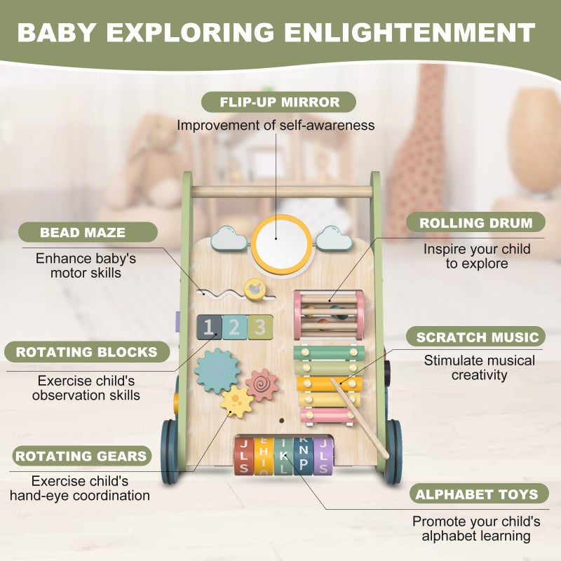 AmazingJoy 11-in-1 Montessori Baby Walker Toddlers Push Walker Wooden Activity Center Gift for 1 Year Old Boys Girls, Adjustable Speed & Quiet Wheels Learning to Walk Sensory Toys Baby Sit-to-Stand Walking Toys - Image 4
