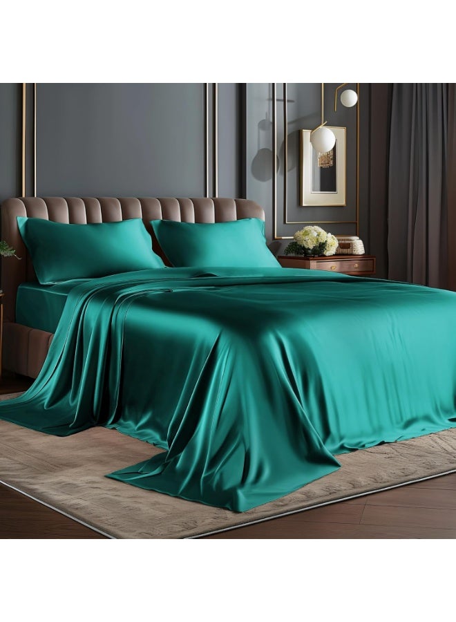 BEDELITE Satin Sheets Queen Size Bed Set, Luxury Soft Teal Silky Sheets for Hair and Skin, Similar to Silk Bed Sheets Set 4 Pieces （1 Deep Pocket Fitted Sheet, 1 Flat Sheet, and 2 Pillowcases） - Image 1