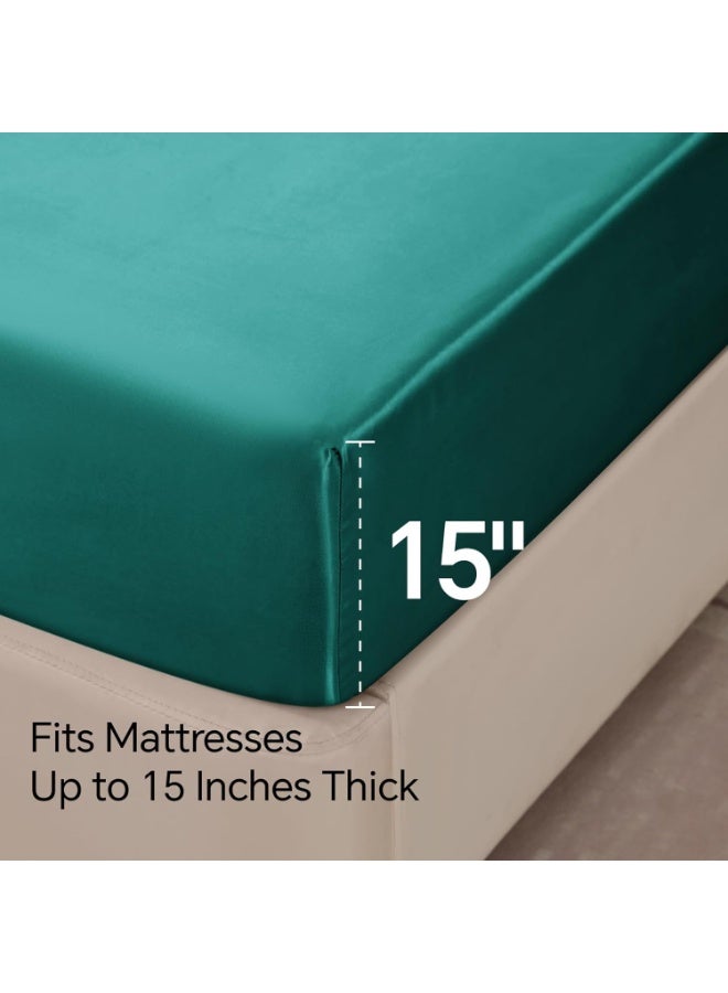 BEDELITE Satin Sheets Queen Size Bed Set, Luxury Soft Teal Silky Sheets for Hair and Skin, Similar to Silk Bed Sheets Set 4 Pieces （1 Deep Pocket Fitted Sheet, 1 Flat Sheet, and 2 Pillowcases） - Image 2