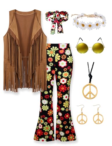 CICOCI 60s 70s Outfit For Women Hippie Costume 8pcs Fringe Vest Flared Pants Costume Peace Sign Necklace Earrings - Image 1