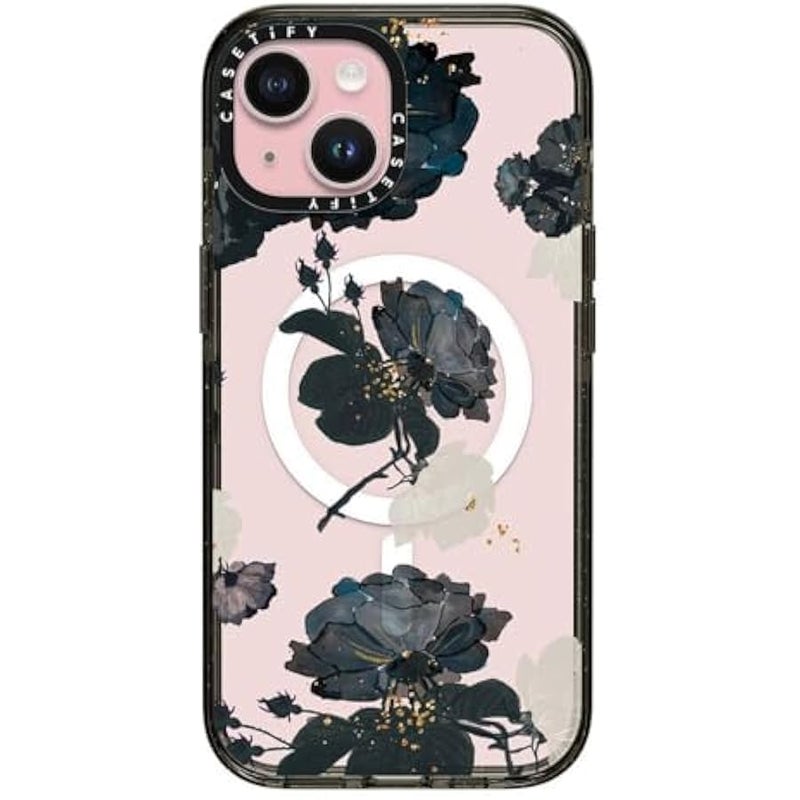 Casetify Impact Case for iPhone 15 【8.2ft 4X Military Grade Drop Protection/Compatible with Magsafe】 - White and Black Floral - Clear Black - Image 1