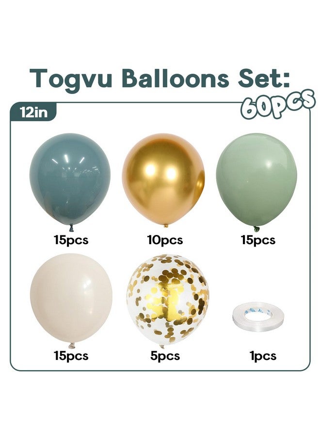 Togvu بالون أزرق غامق وأخضر حكيم، 60 قطعة بالون زيتوني أخضر باهت أزرق رمادي بيج أبيض رمل مع بالون لاتكس براق ذهبي معدني لتزيين حفلات عيد الميلاد والزفاف وحفلات استقبال المواليد وحفلات الزفاف البوهيمية - Image 2