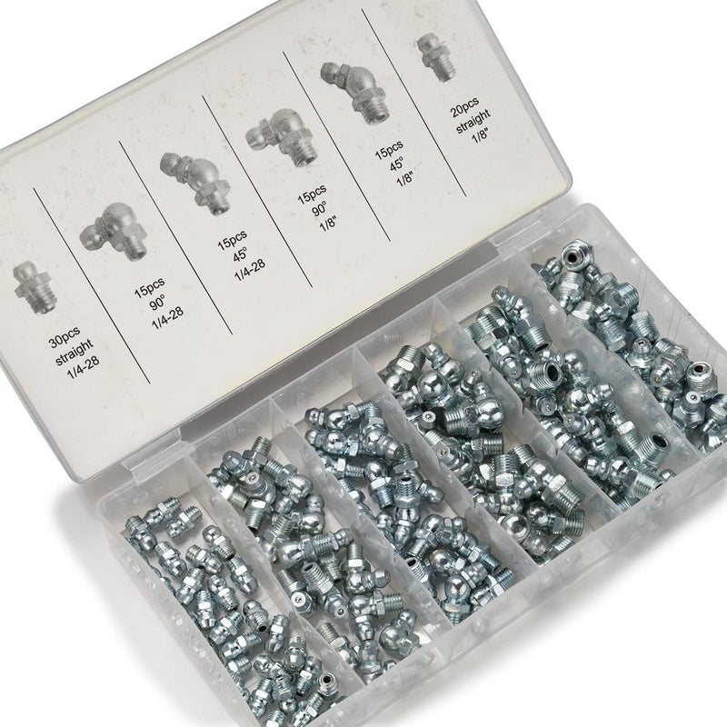 NEIKO 50463A Grease Fitting Assortment | 110 Piece | SAE | Straight and Angled Zerk Kit | A3 Steel | For Angled Grease Guns, Bearing Housings, Mechanical Component Lubrication - Image 1