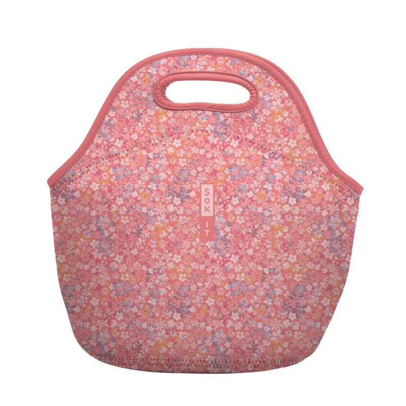 Sok It LunchTote Zippered Bag Insulated Neoprene Caddy (Blushing Blooms, Large 4.5 Quart Lunch Tote)