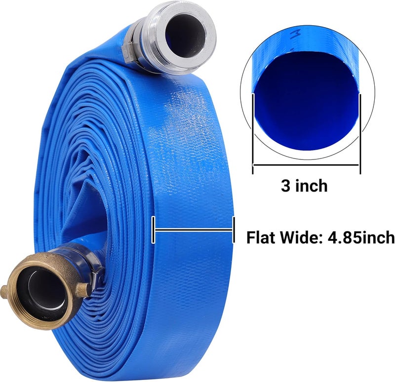 Geowaky 3" x 25ft PVC Lay Flat Water Pump Discharge Hose With Aluminum Pin Lug Fittings, Heavy Duty Reinforced Pool Backwash Hose Assembly - Image 2