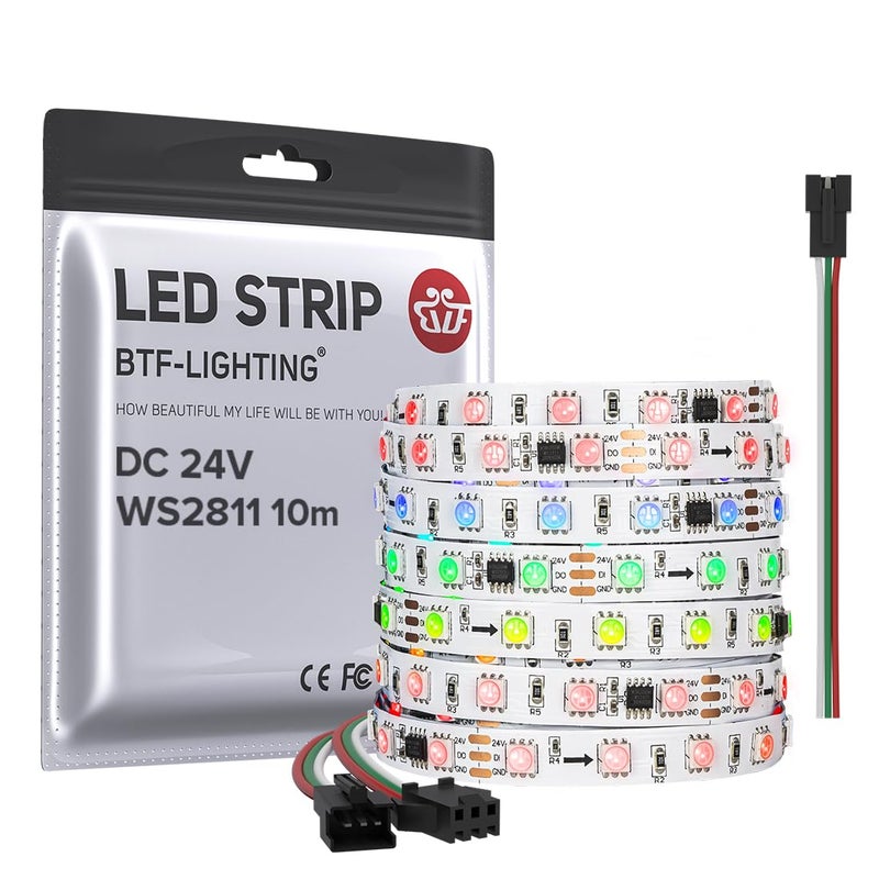 BTF-LIGHTING BTFLIGHTING WS2811 DC24V 32FT Addressable RGB LED Strip 600LEDs 100Pixels Dream Color White PCB IP30 NonWaterproof Works with ArduinoRespberryetc Prevent Voltage DropingNo Adapter or Controller - Image 2