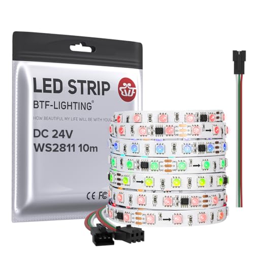 BTF-LIGHTING BTFLIGHTING WS2811 DC24V 32FT Addressable RGB LED Strip 600LEDs 100Pixels Dream Color White PCB IP30 NonWaterproof Works with ArduinoRespberryetc Prevent Voltage DropingNo Adapter or Controller - Image 1