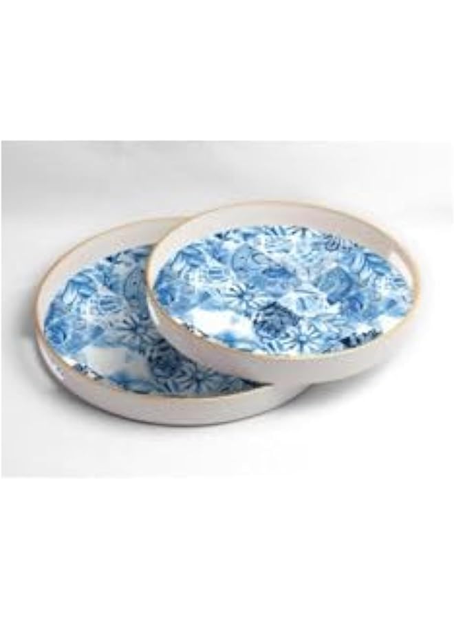 فيلي صينية تقديم دائرية بتصميم أنيق وتشطيب ناعم مع قبضة مدمجة باللونين الأبيض والأزرق 38 × 4.5 سم