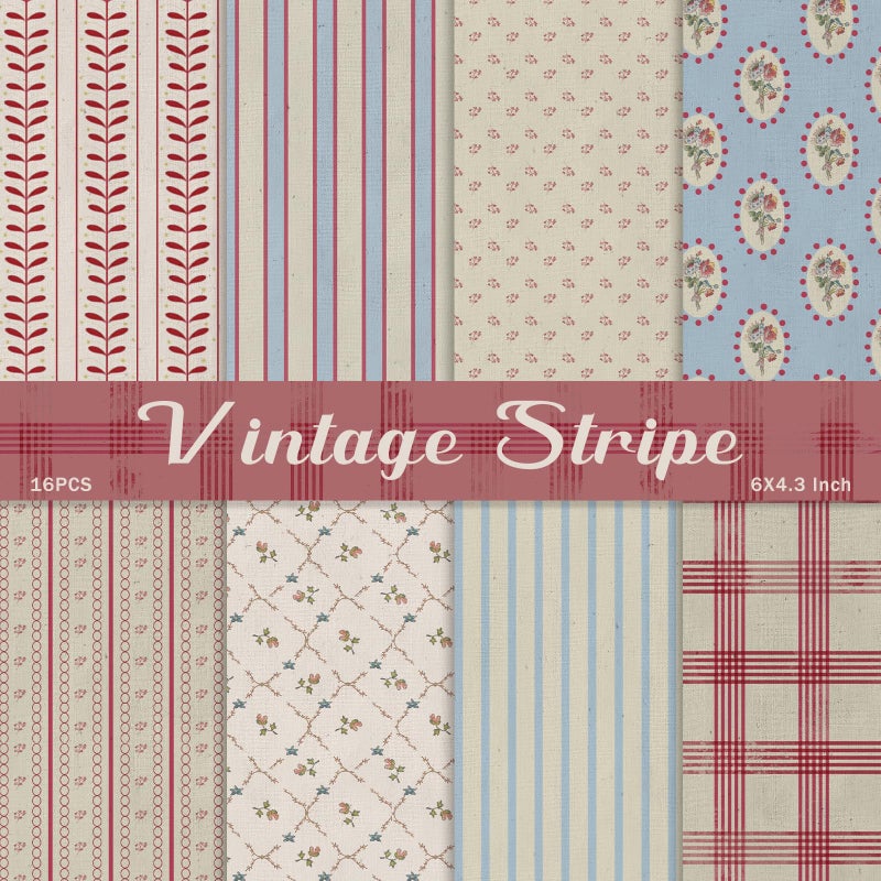 PRSTINCOL Scrapbook Paper,16 Sheets 4.1x5.8 Inch Vintage Stripe Style Scrapbook Supplies,Single-Sided Vivid Origami Decoupage Paper for DIY Crafts, Card Making, Art Journaling - Image 1