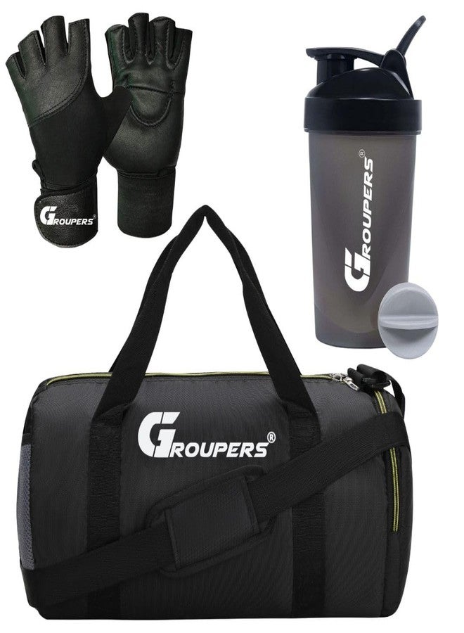Groupers Foldable 20-25L Black Gym & Travel Duffle Bag - Waterproof Weekender + Exercise Gloves & 400ml Leak-Proof Shaker Bottle | Workout & Training Combo for Men & Women - Image 1