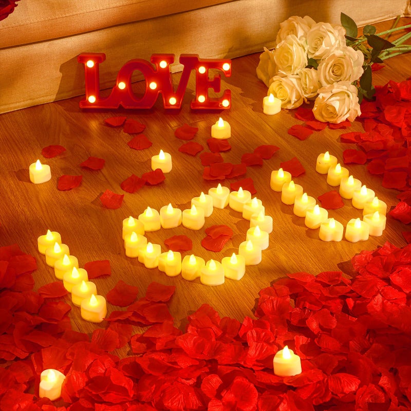 VIHOSE 4000 Pcs Artificial Rose Petals with 24 Pcs LED Tea Lights Candles Flameless LED Candles Fake Rose Petals for Wedding Birthday Party(Yellow Light, Red Petal) - Image 3
