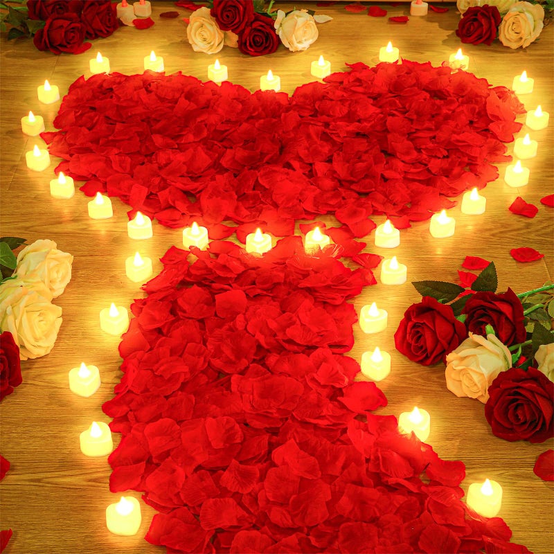 VIHOSE 4000 Pcs Artificial Rose Petals with 24 Pcs LED Tea Lights Candles Flameless LED Candles Fake Rose Petals for Wedding Birthday Party(Yellow Light, Red Petal) - Image 1
