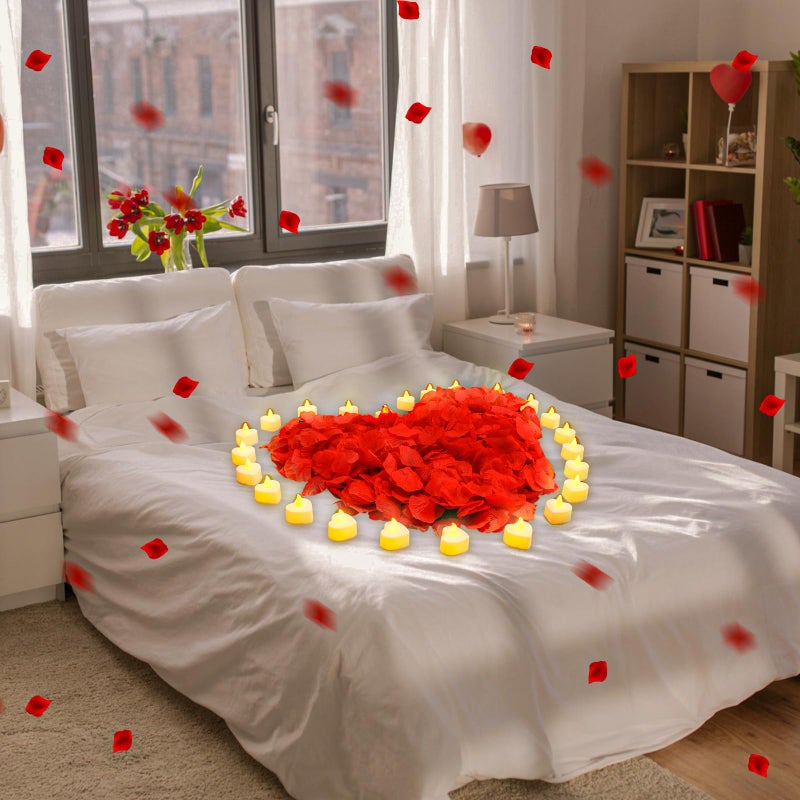 VIHOSE 4000 Pcs Artificial Rose Petals with 24 Pcs LED Tea Lights Candles Flameless LED Candles Fake Rose Petals for Wedding Birthday Party(Yellow Light, Red Petal) - Image 5