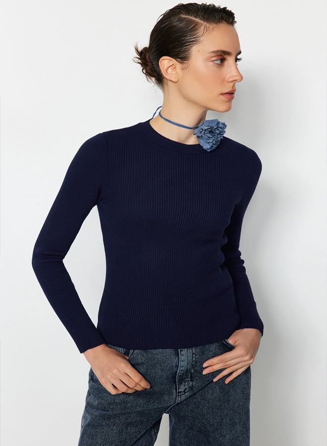 trendyol Navy Blue Basic Ribbed Knitwear Sweater - Image 3