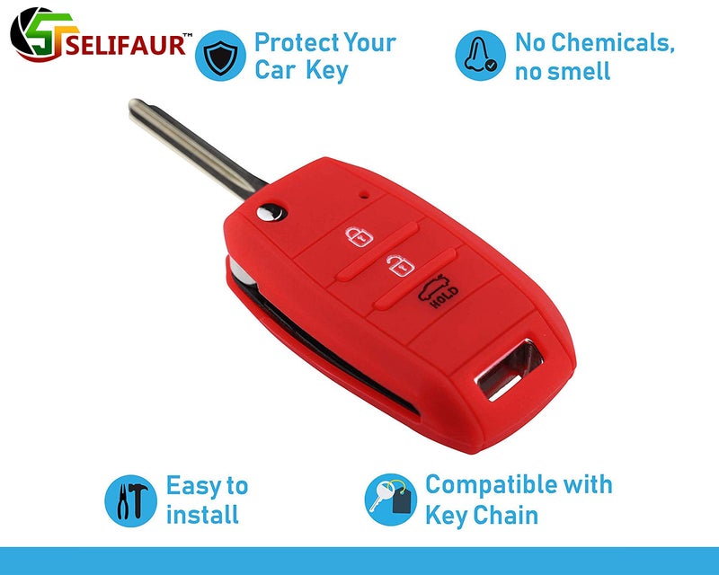 Selifaur 3 Button Silicone Key Cover for Kia Seltos, Sonet flip Key (Non Push Button Start Models only) (Red) - Image 2