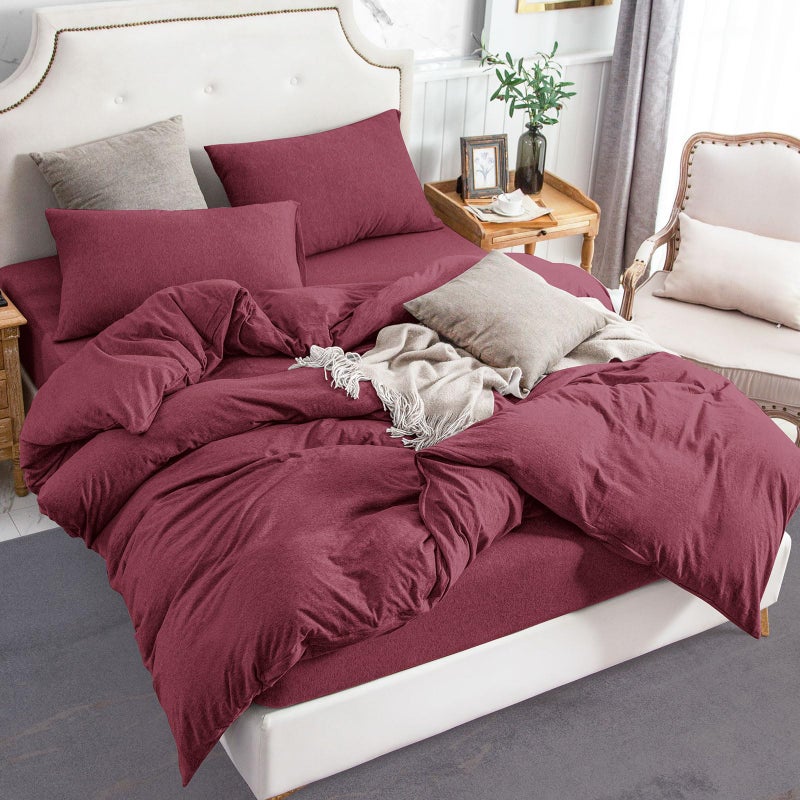 PURE ERA Jersey Knit Duvet Cover Set 100% T-Shirt Cotton Super Soft Comfy 3pc Bedding Set with Zipper Closure (Heather Burgundy Red, Queen) - Image 4
