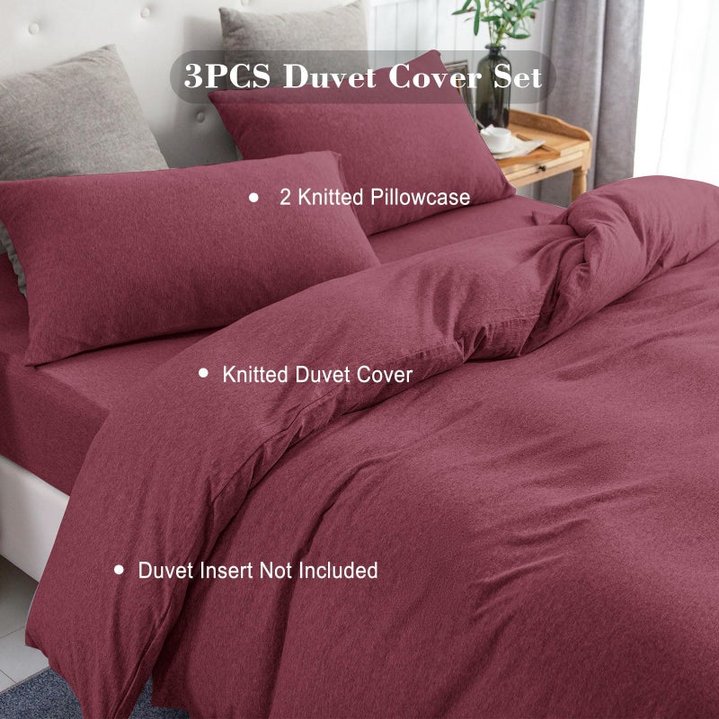 PURE ERA Jersey Knit Duvet Cover Set 100% T-Shirt Cotton Super Soft Comfy 3pc Bedding Set with Zipper Closure (Heather Burgundy Red, Queen) - Image 3