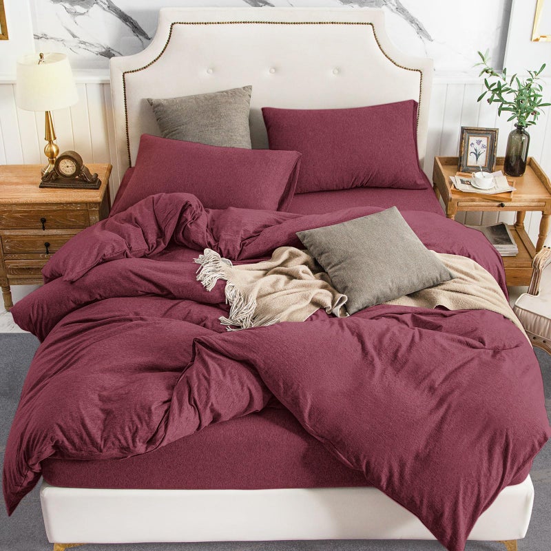 PURE ERA Jersey Knit Duvet Cover Set 100% T-Shirt Cotton Super Soft Comfy 3pc Bedding Set with Zipper Closure (Heather Burgundy Red, Queen) - Image 1