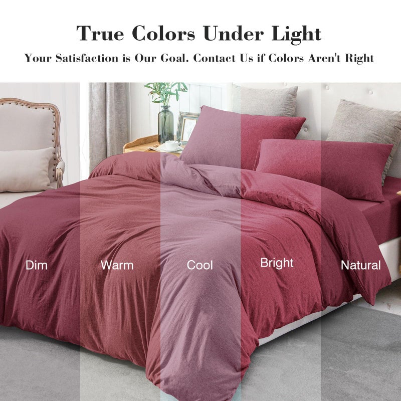 PURE ERA Jersey Knit Duvet Cover Set 100% T-Shirt Cotton Super Soft Comfy 3pc Bedding Set with Zipper Closure (Heather Burgundy Red, Queen) - Image 5