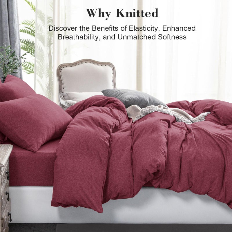 PURE ERA Jersey Knit Duvet Cover Set 100% T-Shirt Cotton Super Soft Comfy 3pc Bedding Set with Zipper Closure (Heather Burgundy Red, Queen) - Image 2