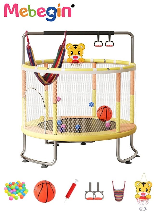 MEBEGIN Kids Trampoline Set with Rings, Swing, Basketball Hoop and Mini Basketball, Fun Sturdy Trampoline with Adjustable Gymnastics Bar, Enclosure and Suction Pads, Suitable for 3-4 Players, Load-bearing Capacity of 300KG, 140*110cm  - Image 1