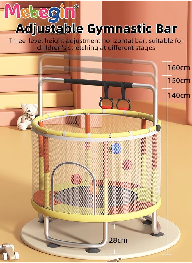 MEBEGIN Kids Trampoline Set with Rings, Swing, Basketball Hoop and Mini Basketball, Fun Sturdy Trampoline with Adjustable Gymnastics Bar, Enclosure and Suction Pads, Suitable for 3-4 Players, Load-bearing Capacity of 300KG, 140*110cm  - Image 5