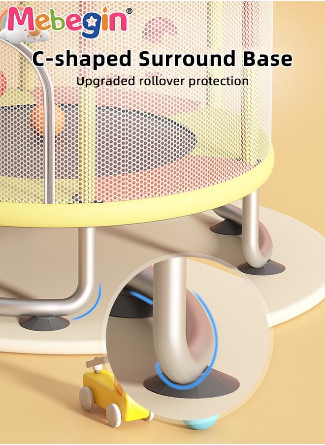 Kids Trampoline Set with Rings, Swing, Basketball Hoop and Mini Basketball, Fun Sturdy Trampoline with Adjustable Gymnastics Bar, Enclosure and Suction Pads, Suitable for 3-4 Players, Load-bearing Capacity of 300KG, 140*110cm