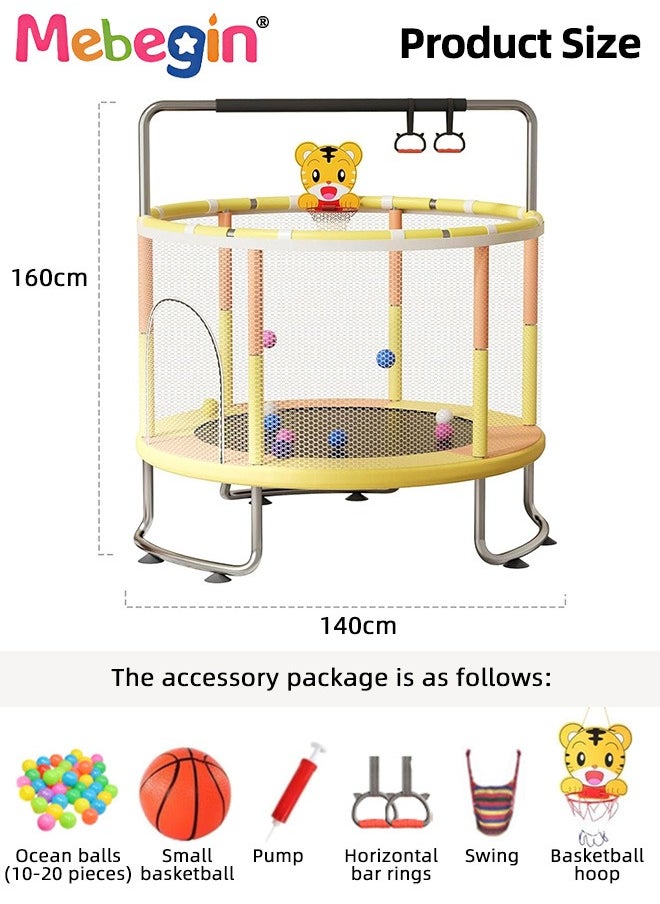 Kids Trampoline Set with Rings, Swing, Basketball Hoop and Mini Basketball, Fun Sturdy Trampoline with Adjustable Gymnastics Bar, Enclosure and Suction Pads, Suitable for 3-4 Players, Load-bearing Capacity of 300KG, 140*110cm