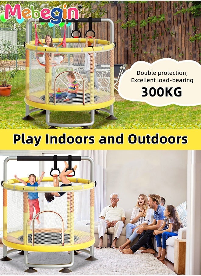 Kids Trampoline Set with Rings, Swing, Basketball Hoop and Mini Basketball, Fun Sturdy Trampoline with Adjustable Gymnastics Bar, Enclosure and Suction Pads, Suitable for 3-4 Players, Load-bearing Capacity of 300KG, 140*110cm