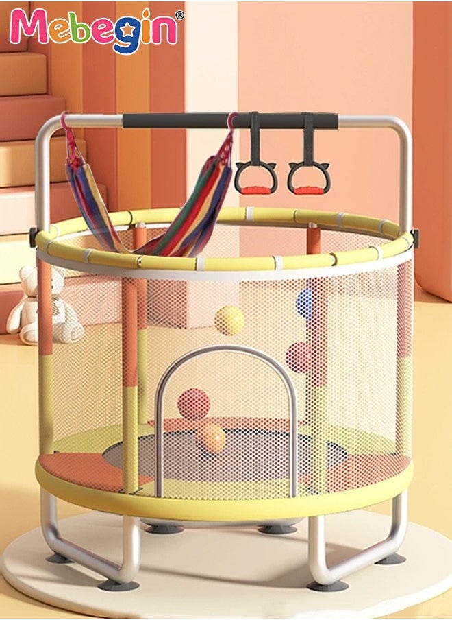 MEBEGIN Kids Trampoline Set with Rings, Swing, Basketball Hoop and Mini Basketball, Fun Sturdy Trampoline with Adjustable Gymnastics Bar, Enclosure and Suction Pads, Suitable for 3-4 Players, Load-bearing Capacity of 300KG, 140*110cm  - Image 3
