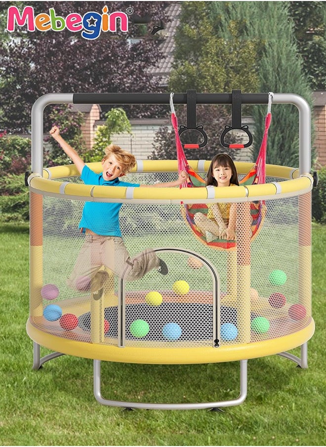 MEBEGIN Kids Trampoline Set with Rings, Swing, Basketball Hoop and Mini Basketball, Fun Sturdy Trampoline with Adjustable Gymnastics Bar, Enclosure and Suction Pads, Suitable for 3-4 Players, Load-bearing Capacity of 300KG, 140*110cm  - Image 4
