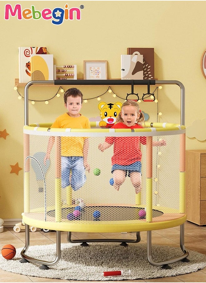 MEBEGIN Kids Trampoline Set with Rings, Swing, Basketball Hoop and Mini Basketball, Fun Sturdy Trampoline with Adjustable Gymnastics Bar, Enclosure and Suction Pads, Suitable for 3-4 Players, Load-bearing Capacity of 300KG, 140*110cm  - Image 2