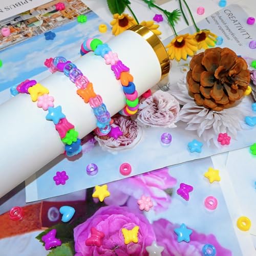Looconi Amaney 500pcs Assorted Acrylic Beads Heart Flower Butterfly Star and Pony Beads Multi Color Big Hole for Bracelet Necklace Craft Jewelry Making - Image 4