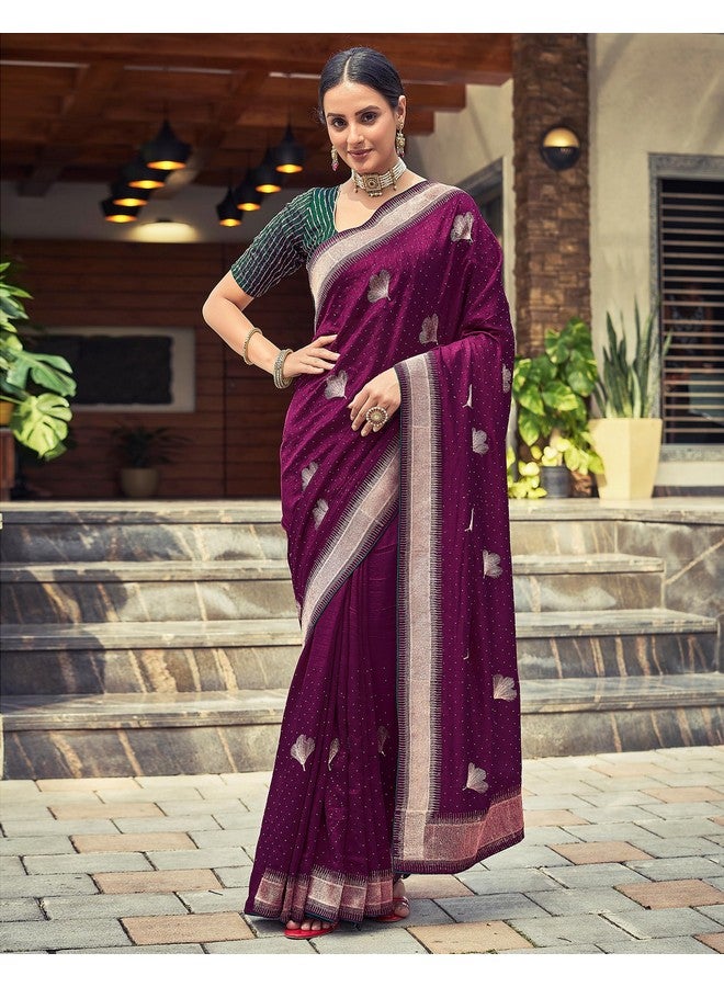 SIRIL SIRIL Women's Vichitra Silk Embroidery Stone Work Saree With Unstitched Blouse Piece (3430S272_Magenta) - Image 5