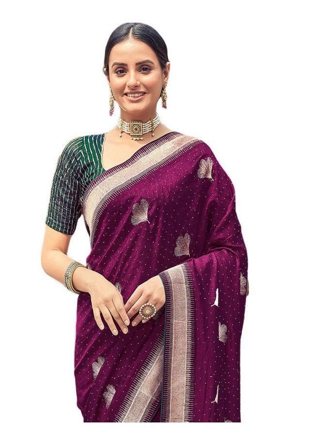SIRIL SIRIL Women's Vichitra Silk Embroidery Stone Work Saree With Unstitched Blouse Piece (3430S272_Magenta) - Image 1