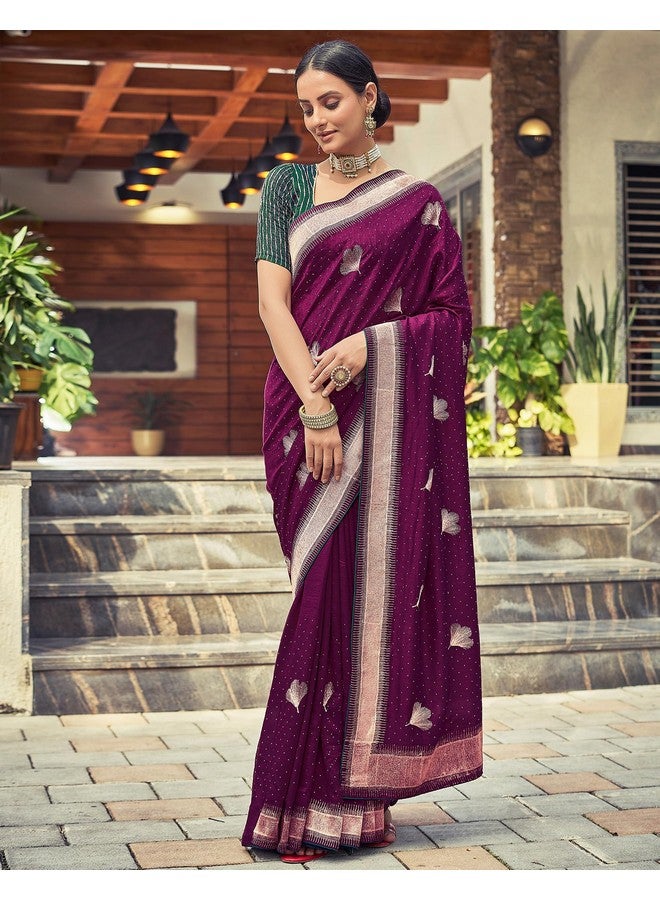 SIRIL SIRIL Women's Vichitra Silk Embroidery Stone Work Saree With Unstitched Blouse Piece (3430S272_Magenta) - Image 2