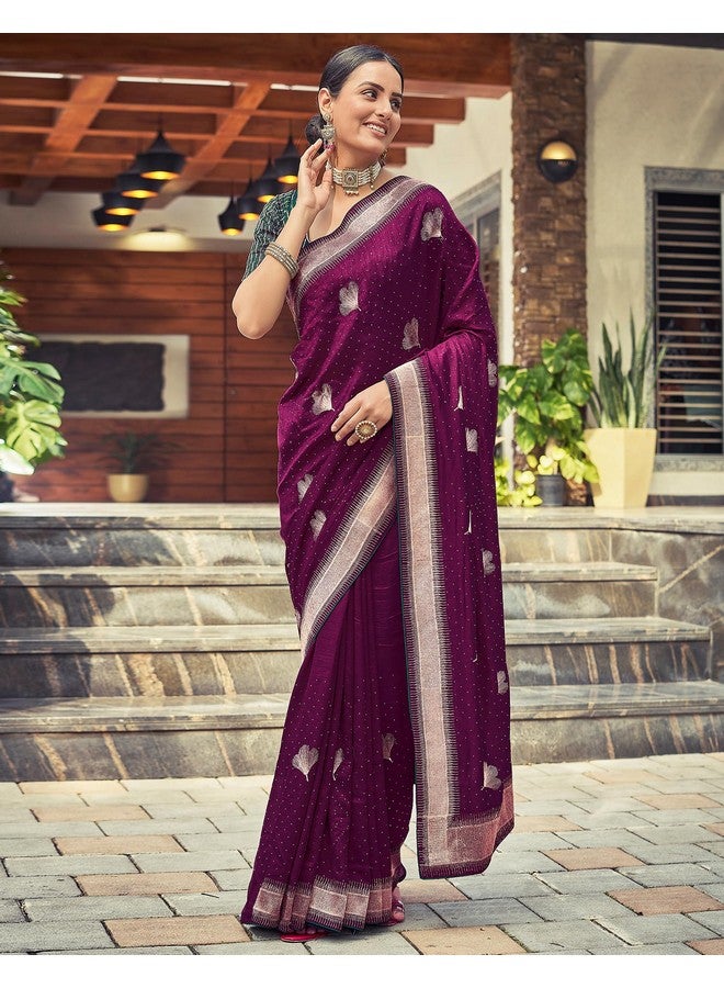 SIRIL SIRIL Women's Vichitra Silk Embroidery Stone Work Saree With Unstitched Blouse Piece (3430S272_Magenta) - Image 3