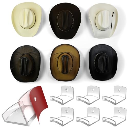 Modern JP Adhesive Hat Hooks for Wall (6-Pack) - Cowboy Hat Rack, Wide Brim Hat Organizer, Strong Hold Hat Hangers for Wall - Clear - Image 1