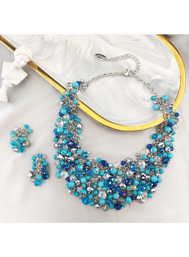 Bocar Fashion Crystal Chunky Collar Statement Necklace Earring Set For Women Gift (Nk10260) (Turquoise Blue) - Image 3