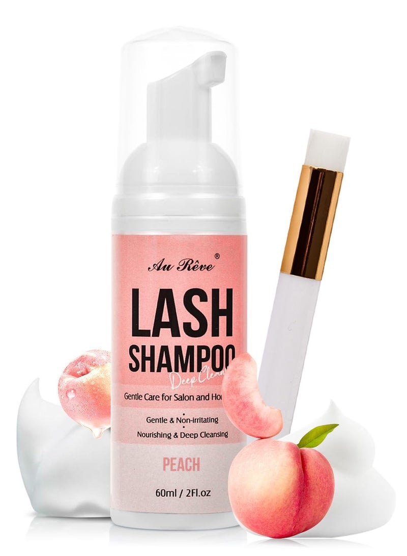 AuReve Lash Shampoo for Lash Extensions 60 Ml/2fl.oz Eyelash Extension Cleanser Oil Free Lash Cleanser for Eyelash Care, Gentle Foaming Eyelash Shampoo with Brush for Salon Home Care (Peach 60ml) 